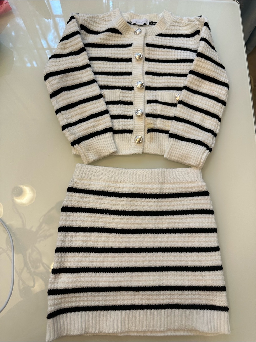 Striped Knit Cardigan & Skirt Set — Cream and Black